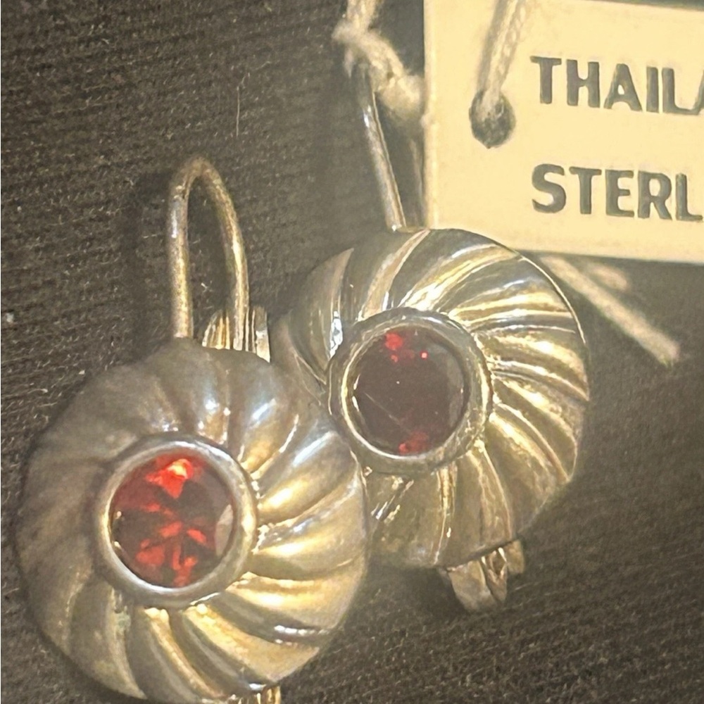 Vintage Thai Sterling Silver Red Gemstone Dangle Earring- New With Tags